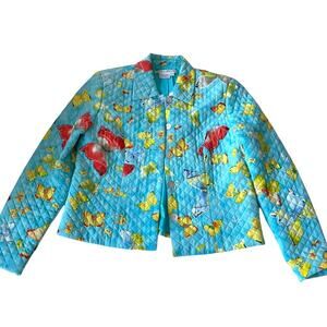 Maggy London Quilted Butterfly Jacket Silk Lined Aqua Button Vintage 1990s 4 EUC